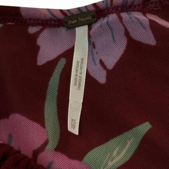 Free People Burgundy Floral Print Cropped Top With Bell Sleeves and tie front - Picture 7 of 7